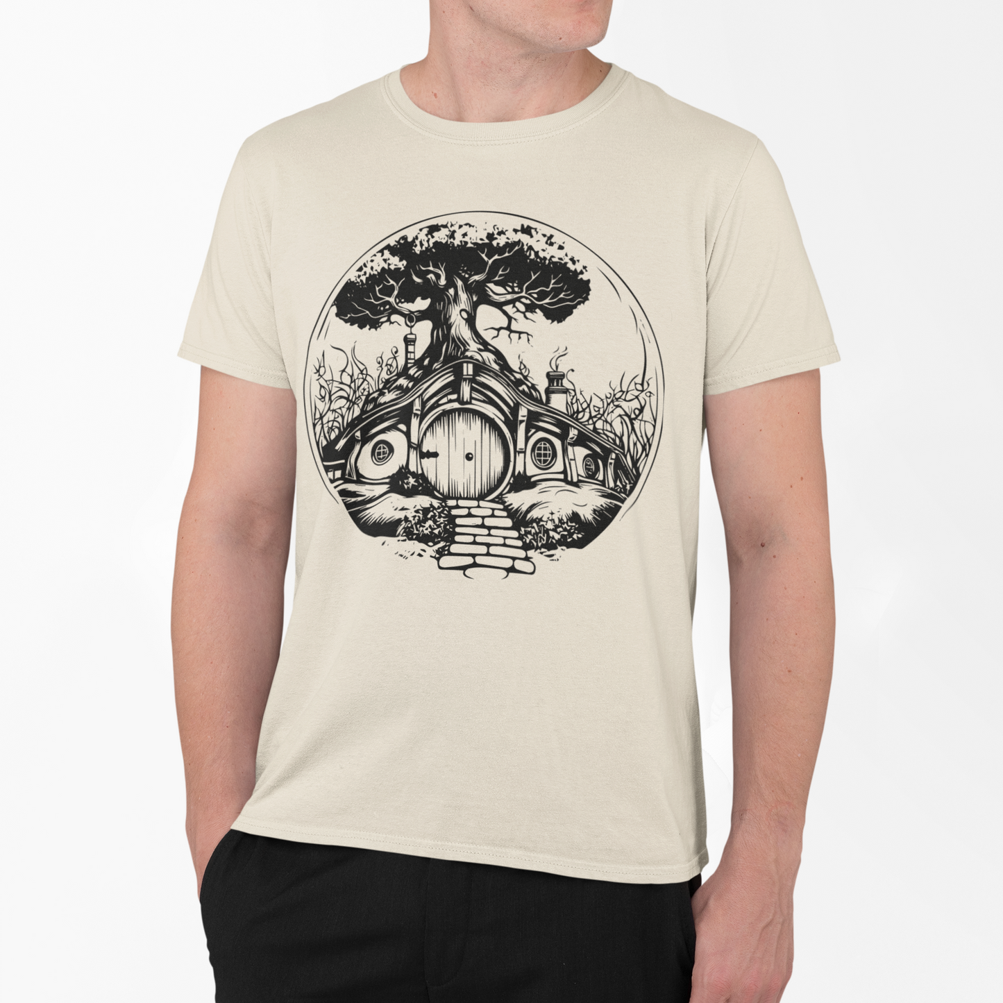 A man wearing a beige T-shirt that as a Hobbit Home on it